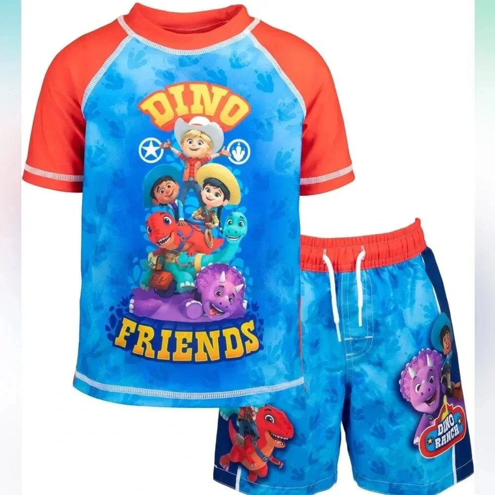 NWOT Boys 2T Dino Ranch Clover Swim Rash Guard and Trunks